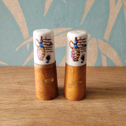 1960s wood & ceramic salt and pepper set with kitsch wine jug illustration