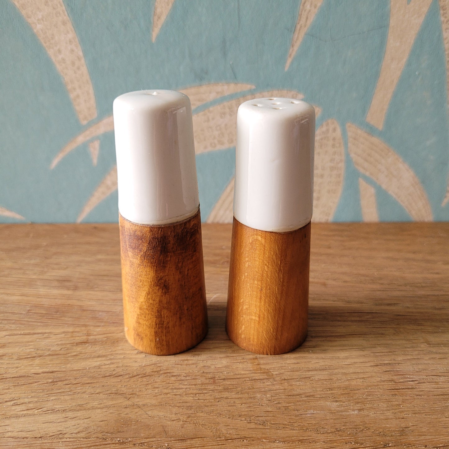 1960s wood & ceramic salt and pepper set with kitsch wine jug illustration