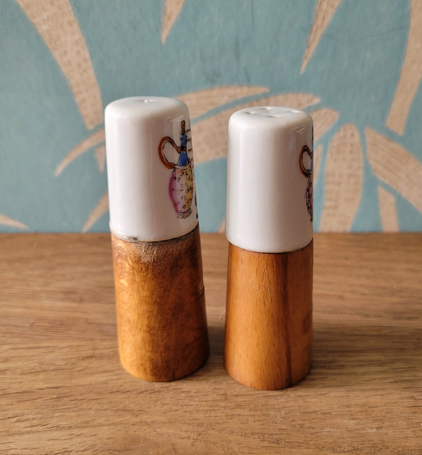 1960s wood & ceramic salt and pepper set with kitsch wine jug illustration
