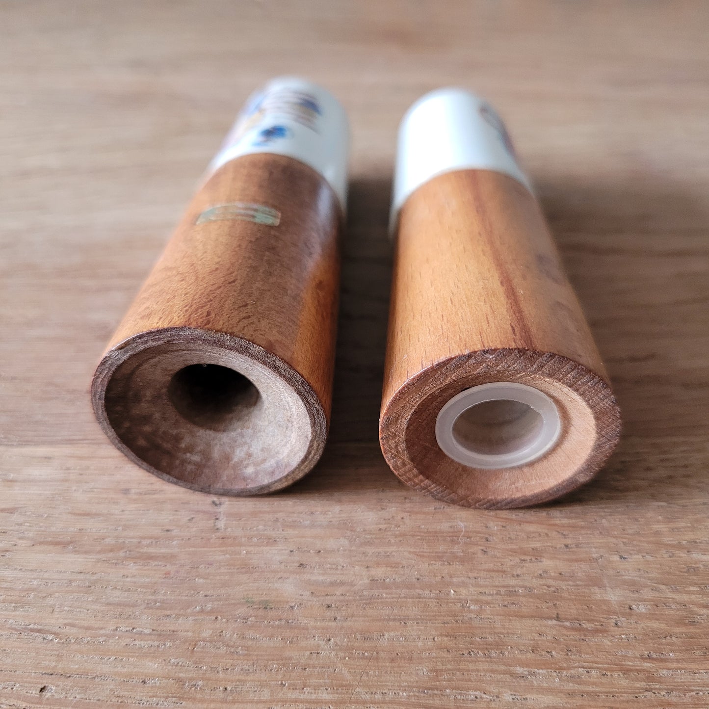 1960s wood & ceramic salt and pepper set with kitsch wine jug illustration