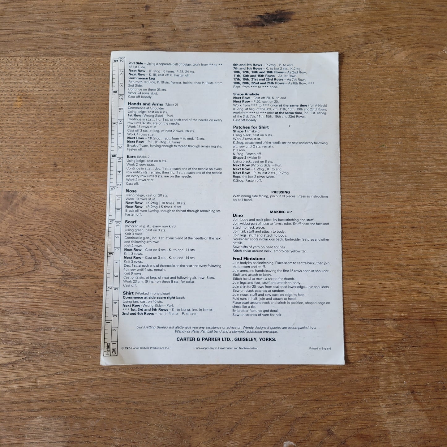 1983 Wendy 2540 knitting pattern for Fred Flinstone & Dino the Dinosaur toys, designed by Joy Gammon