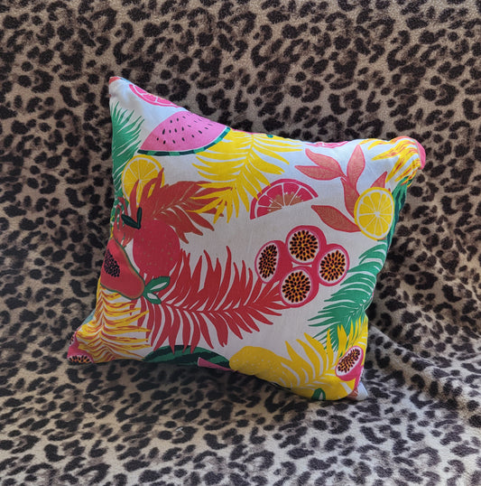 Home-made retro bright tropical print cushion cover with contrast eau de nil reverse