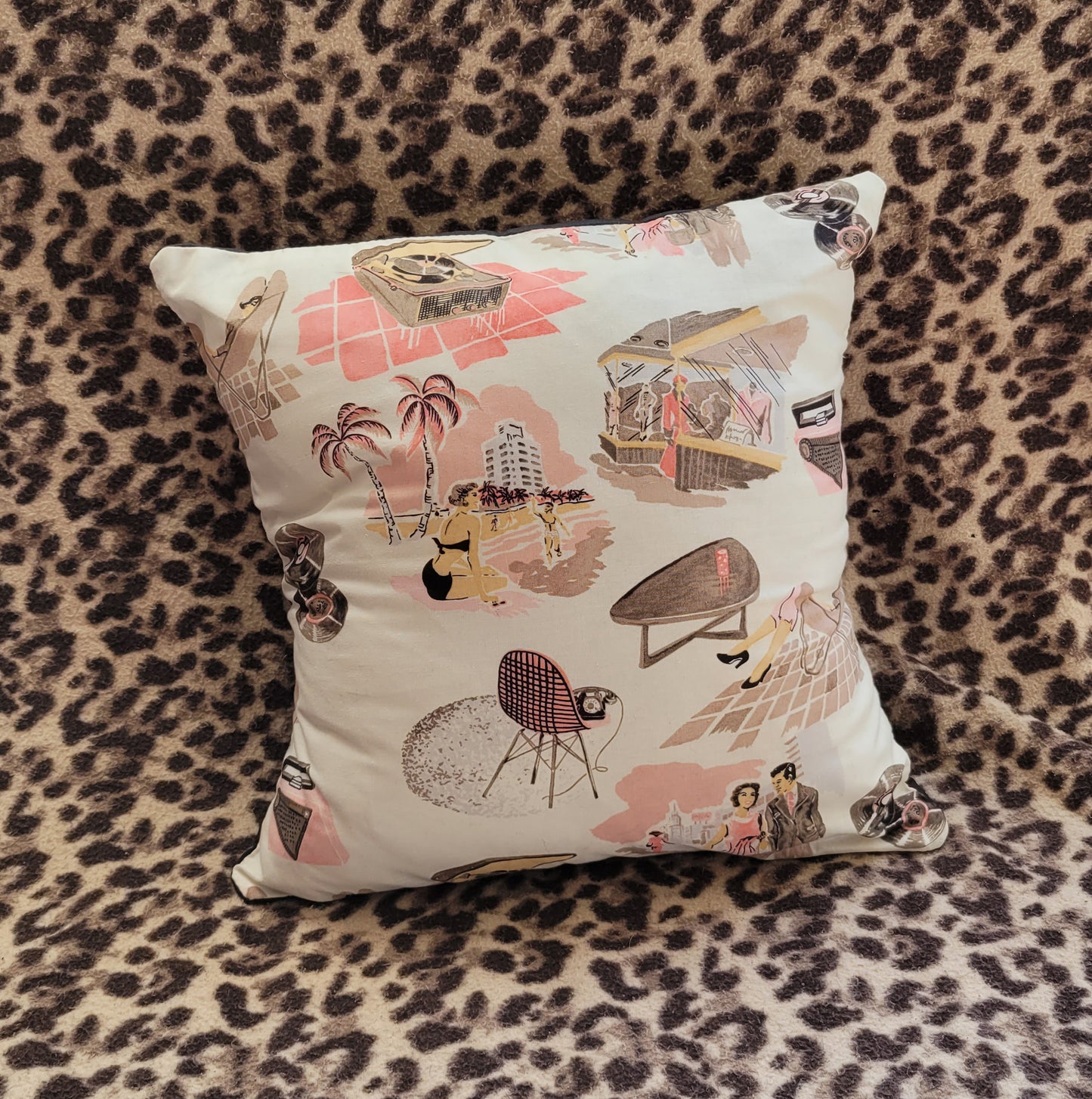 Home-made 1950s lifestyle-inspired pink & taupe tone cushion cover with contrast black reverse