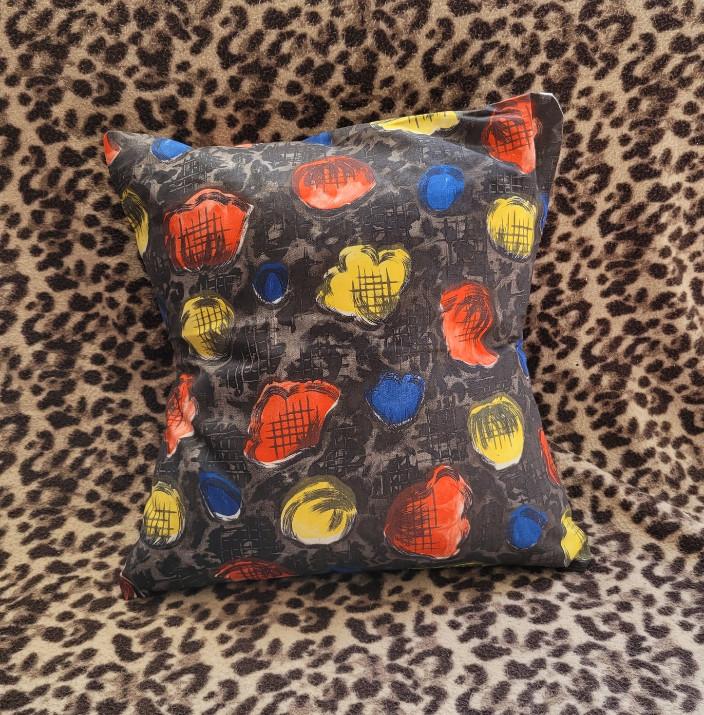 Home-made mid-century colourful abstract petal pattern cushion cover with contrast metallic OR same pattern reverse