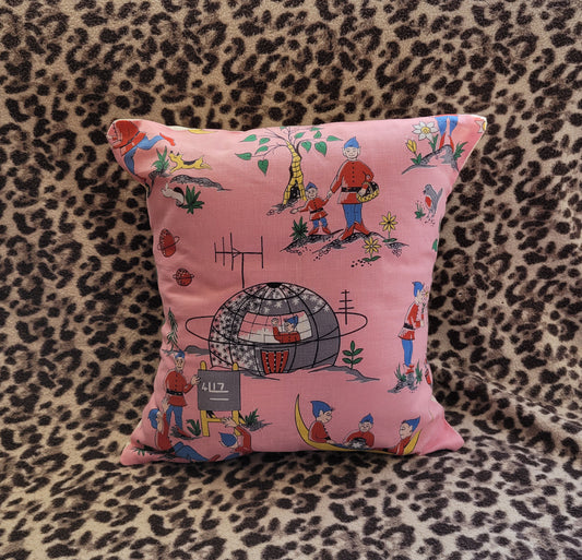 Home-made mid-century pink elf land cushion cover with contrast reverse