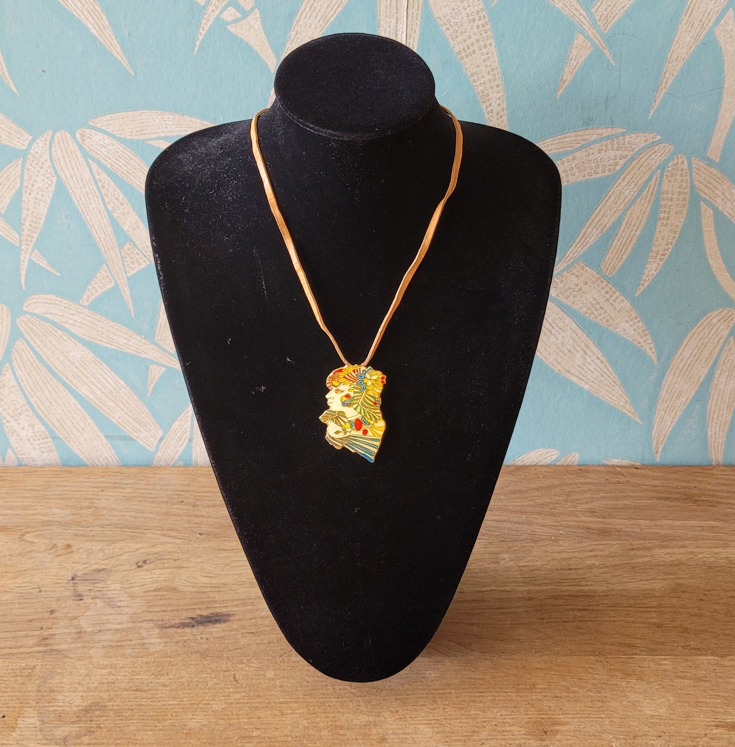 1970s gold-tone & enamel Ornate Woman brooch pendant by Cuban artist René Portocarrero