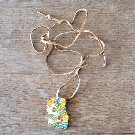 1970s gold-tone & enamel Ornate Woman brooch pendant by Cuban artist René Portocarrero