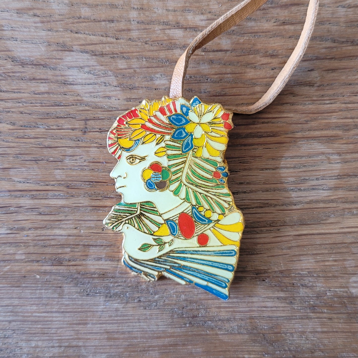 1970s gold-tone & enamel Ornate Woman brooch pendant by Cuban artist René Portocarrero