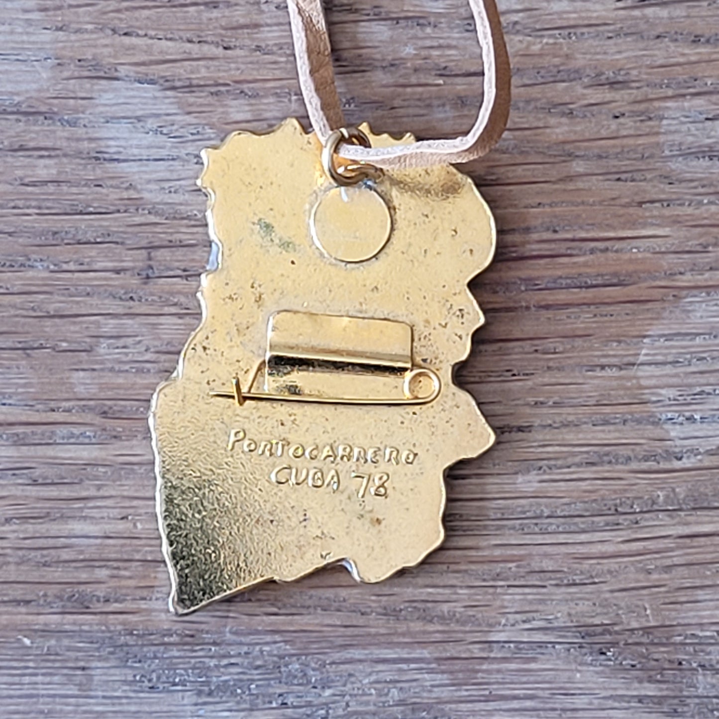 1970s gold-tone & enamel Ornate Woman brooch pendant by Cuban artist René Portocarrero