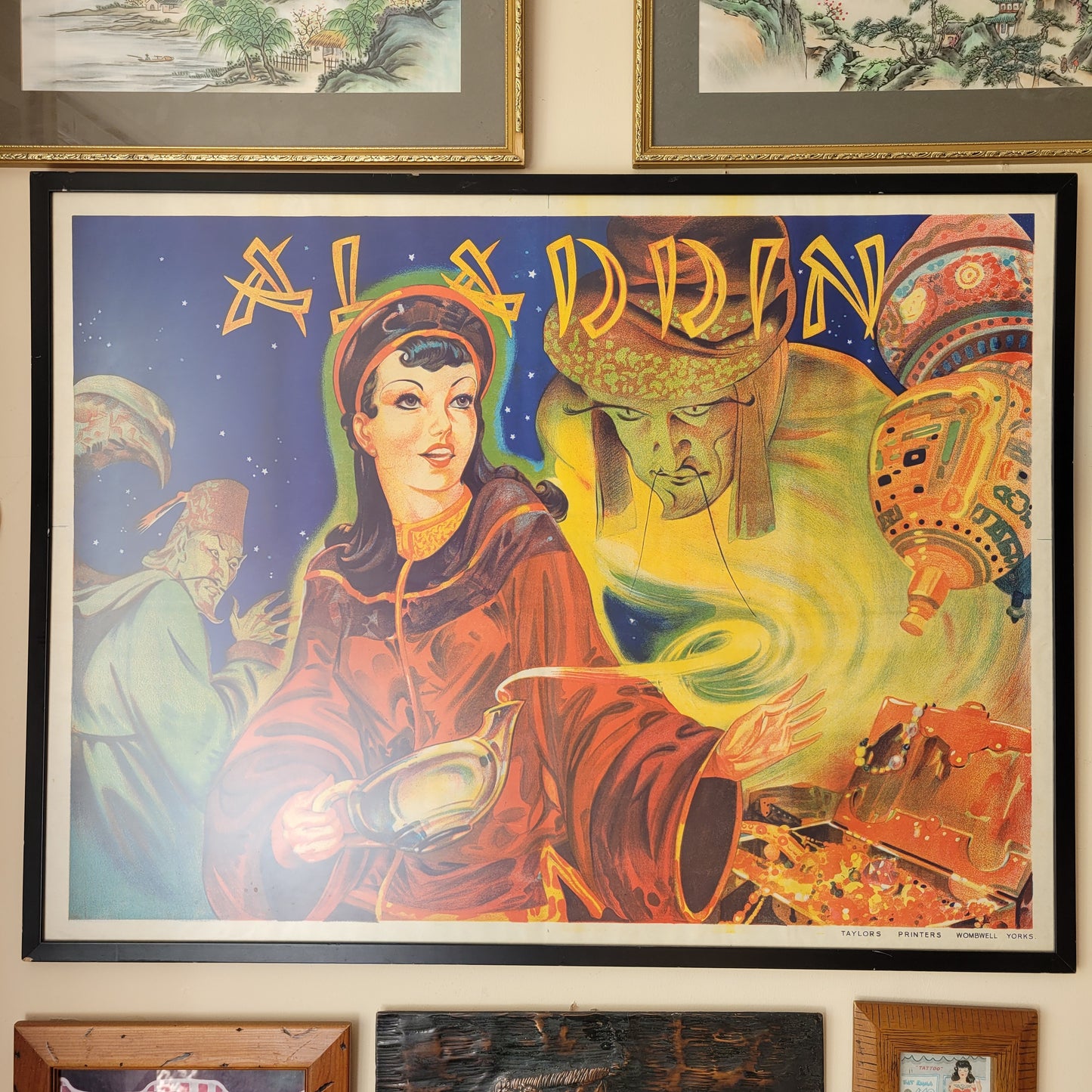 Framed 1930s Aladdin theatrical poster by Taylors Printers of Wombwell, Yorkshire