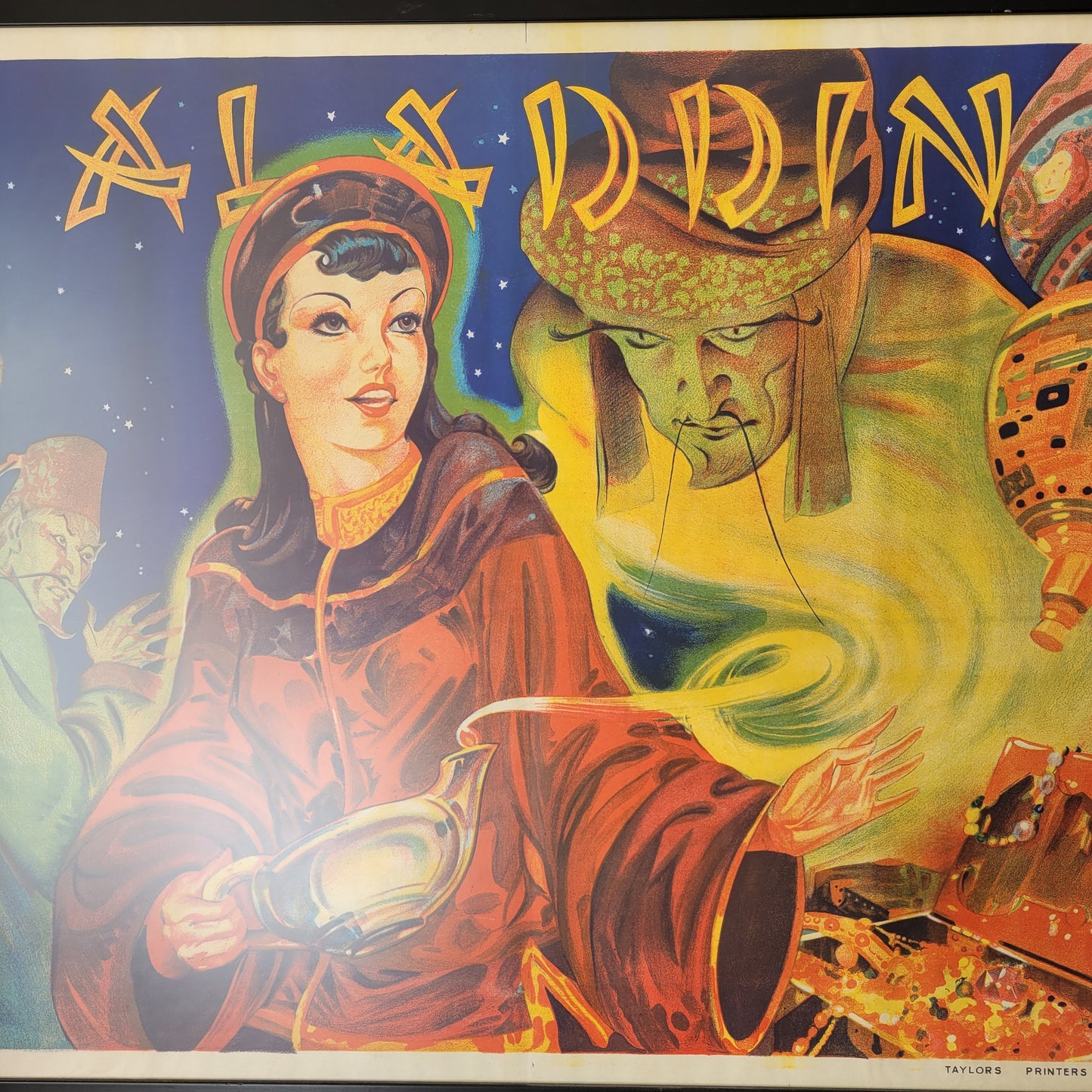 Framed 1930s Aladdin theatrical poster by Taylors Printers of Wombwell, Yorkshire