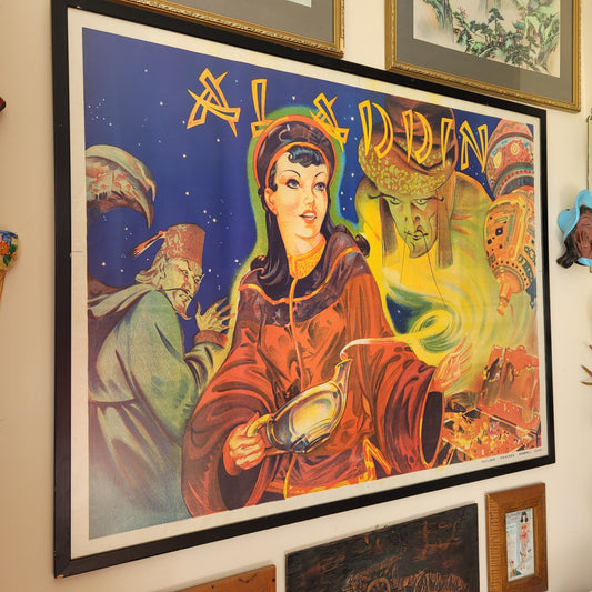 Framed 1930s Aladdin theatrical poster by Taylors Printers of Wombwell, Yorkshire