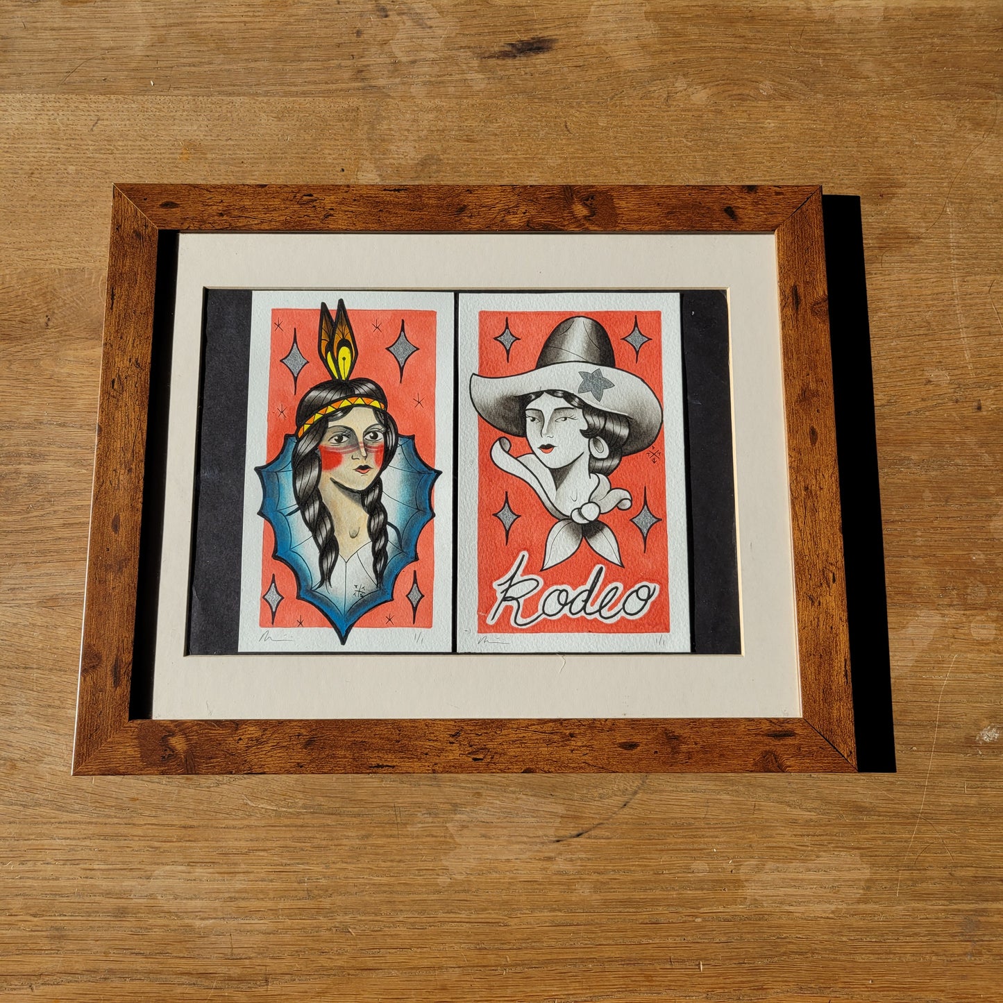 Original Tattoo Flash Diptych – Rodeo & Portrait – 1/1 Hand-Painted by Paul Tipping (Framed)