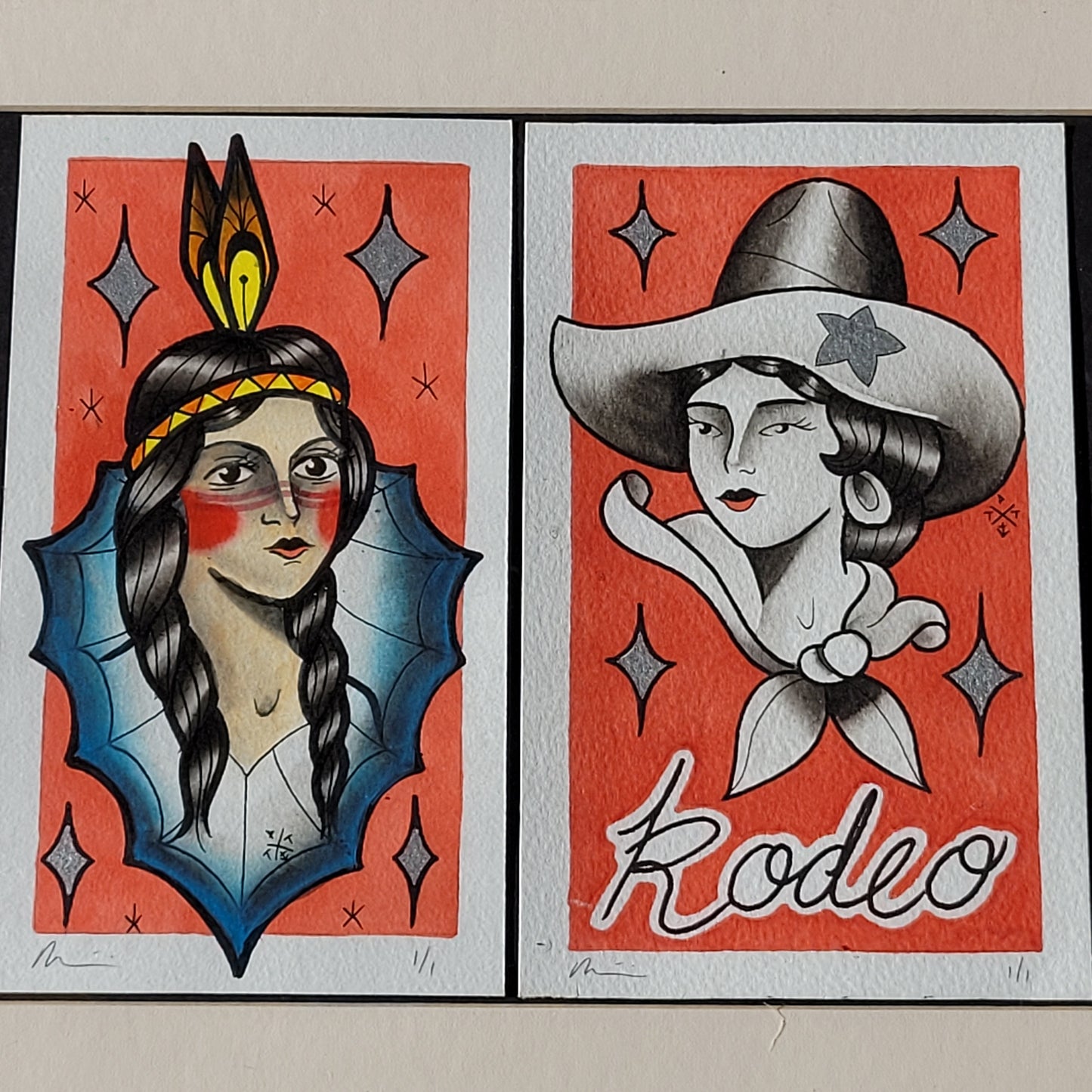 Original Tattoo Flash Diptych – Rodeo & Portrait – 1/1 Hand-Painted by Paul Tipping (Framed)