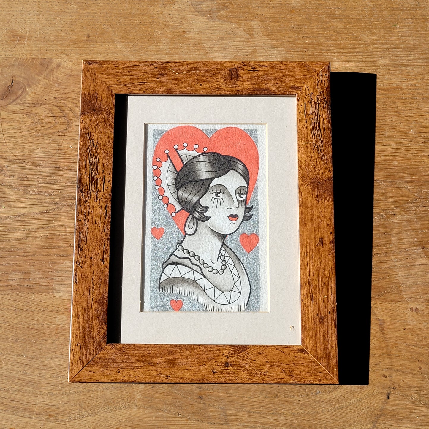 Original Tattoo Flash Artwork – Queen of Hearts – 1/1 Hand-Painted by Paul Tipping (Framed)