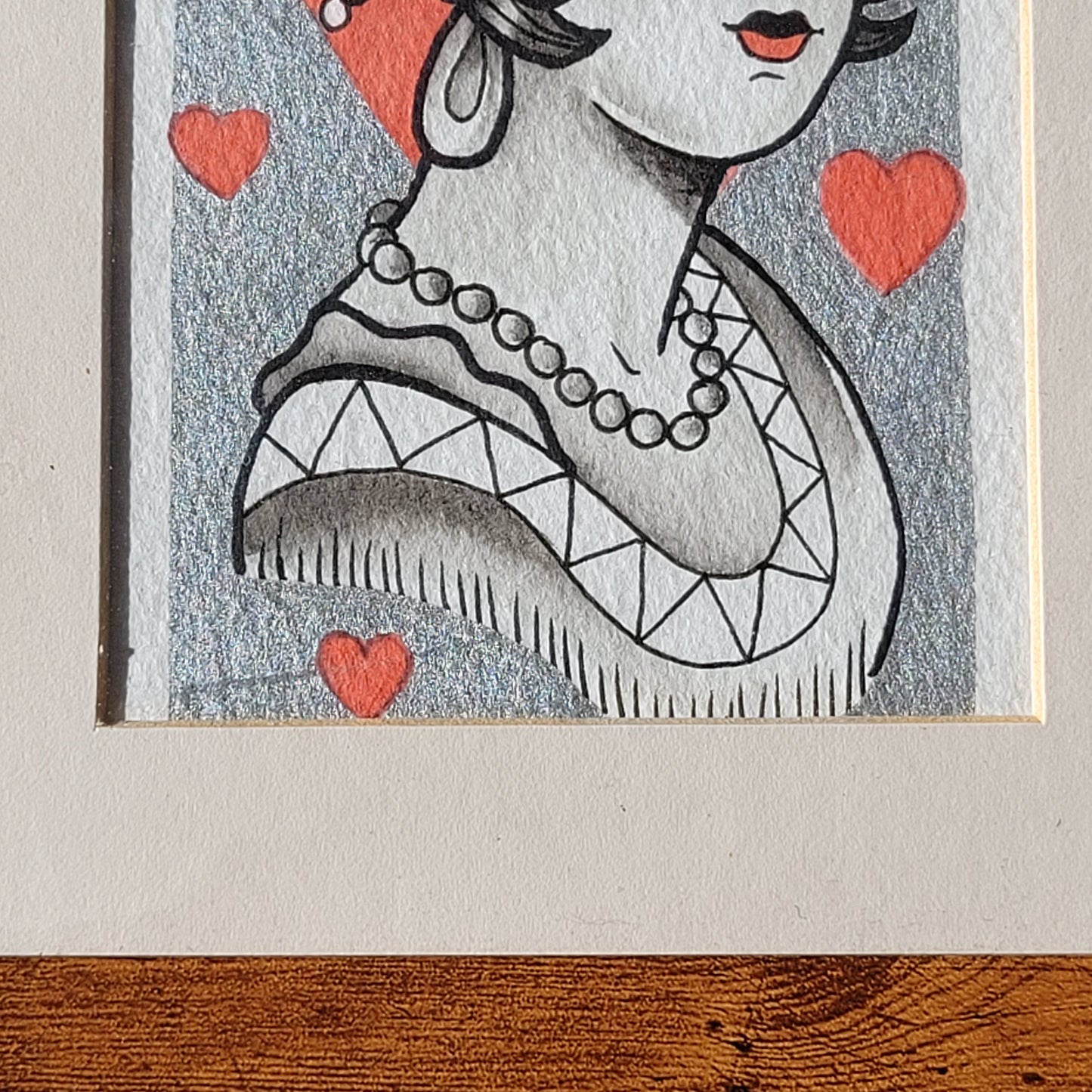 Original Tattoo Flash Artwork – Queen of Hearts – 1/1 Hand-Painted by Paul Tipping (Framed)