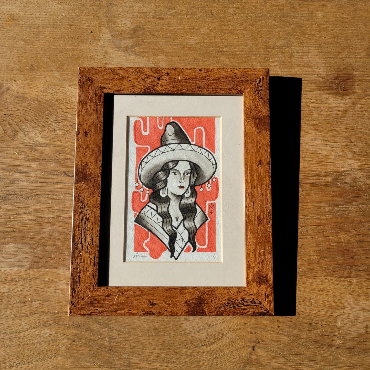 Original Tattoo Flash Artwork – Western/Sombrero Portrait – 1/1 by Paul Tipping (Framed)
