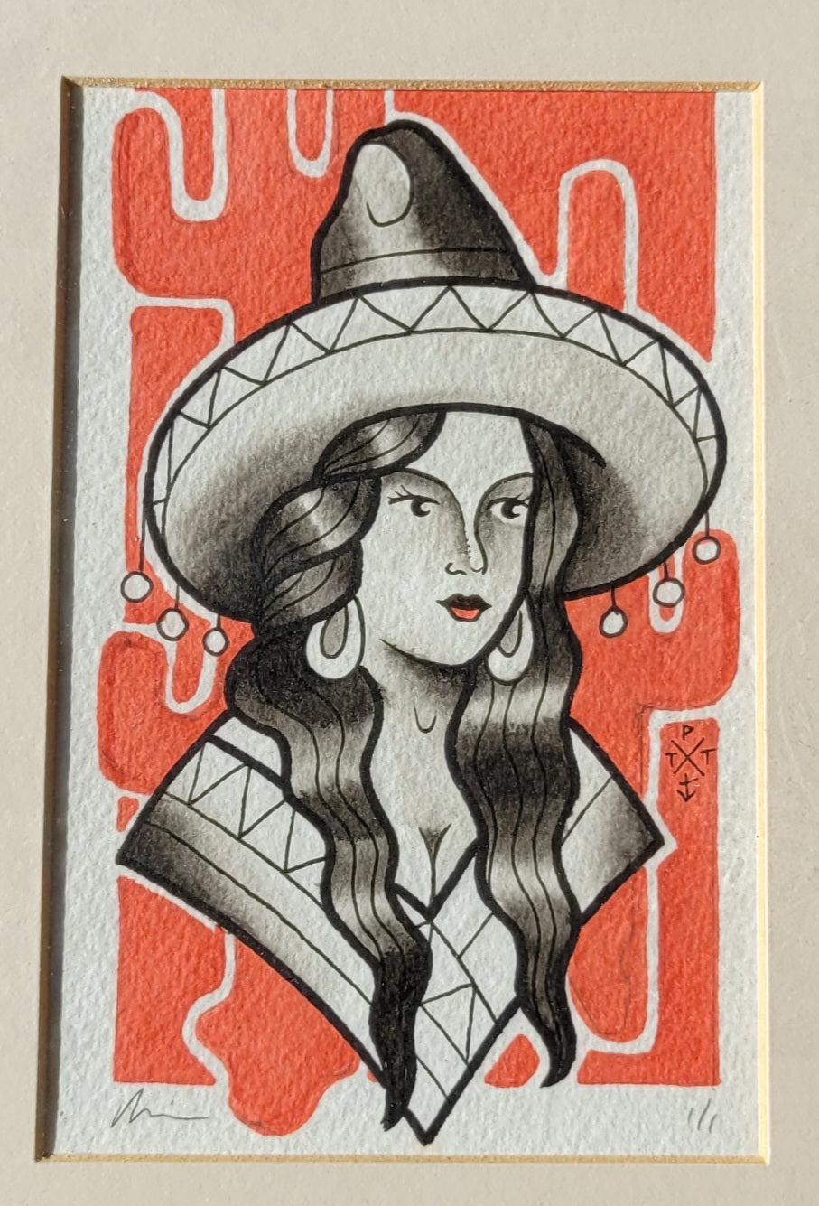 Original Tattoo Flash Artwork – Western/Sombrero Portrait – 1/1 by Paul Tipping (Framed)