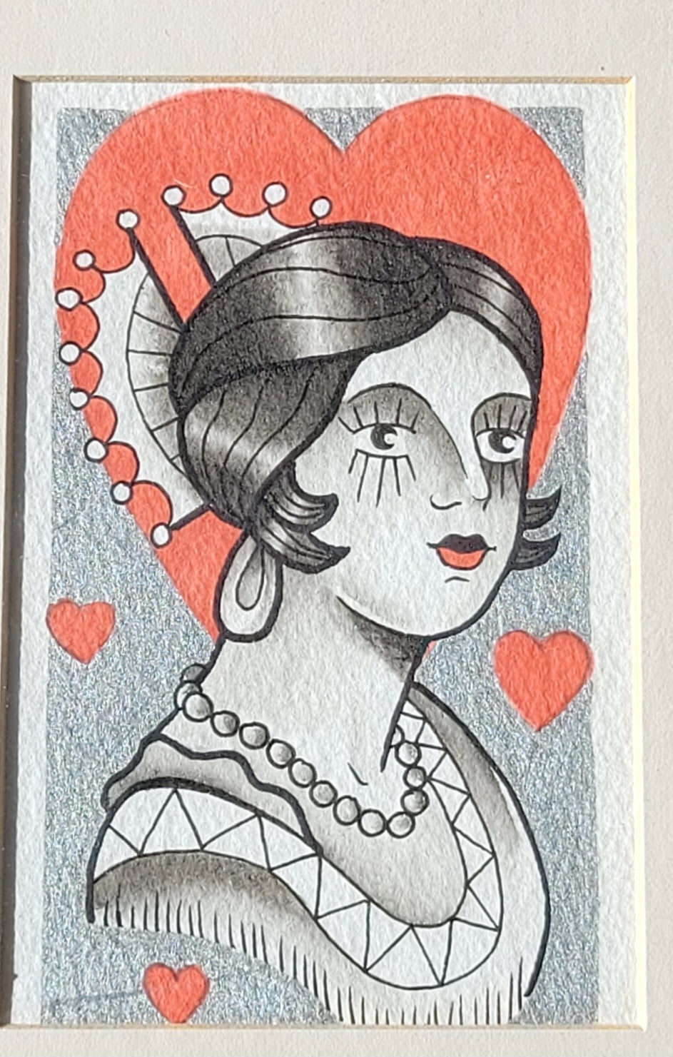 Original Tattoo Flash Artwork – Queen of Hearts – 1/1 Hand-Painted by Paul Tipping (Framed)