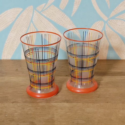 Pair of 1960s atomic plaid / spaghetti stripe drinking glasses
