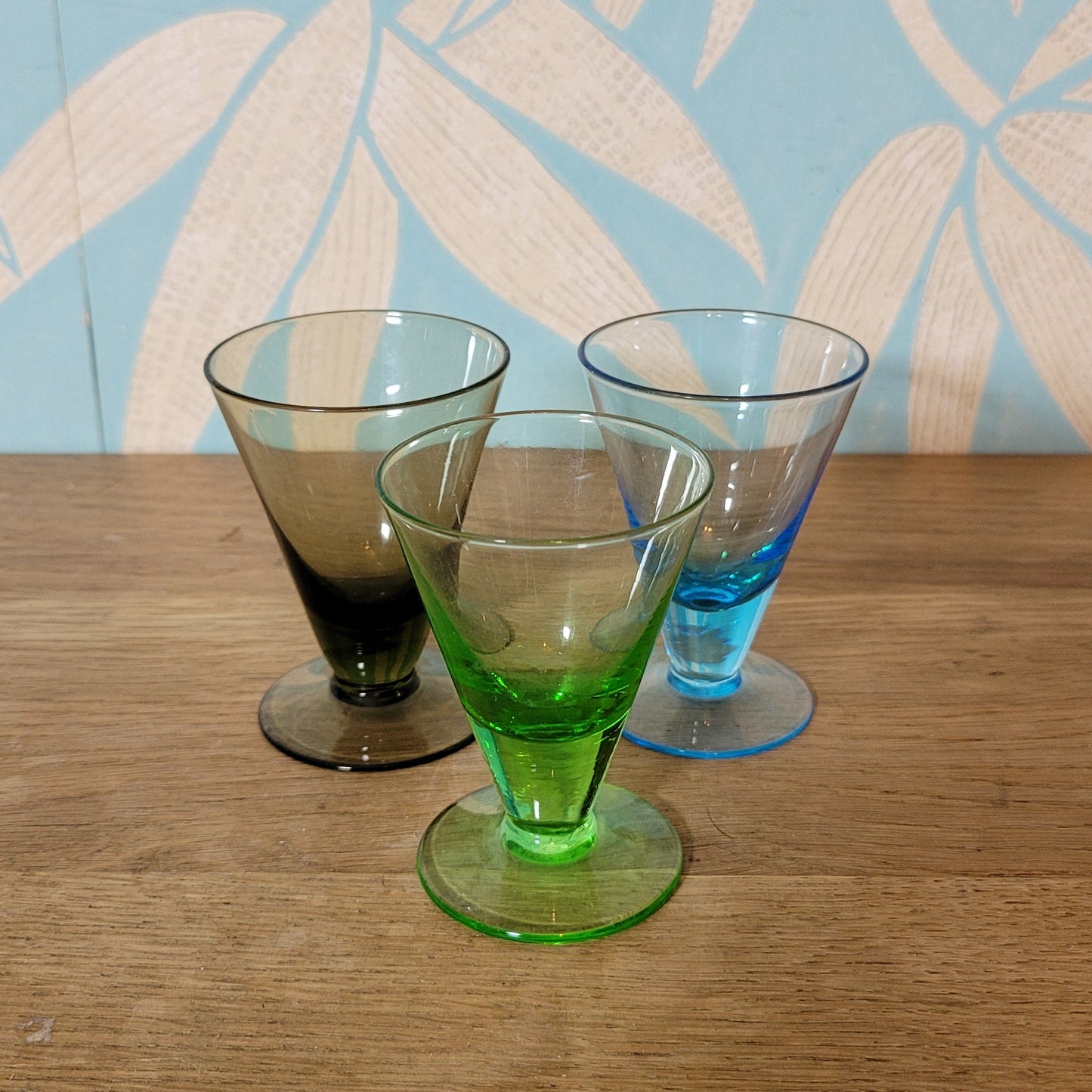 Set of three 1960s Scandinavian coloured schnapps / liqueur glasses