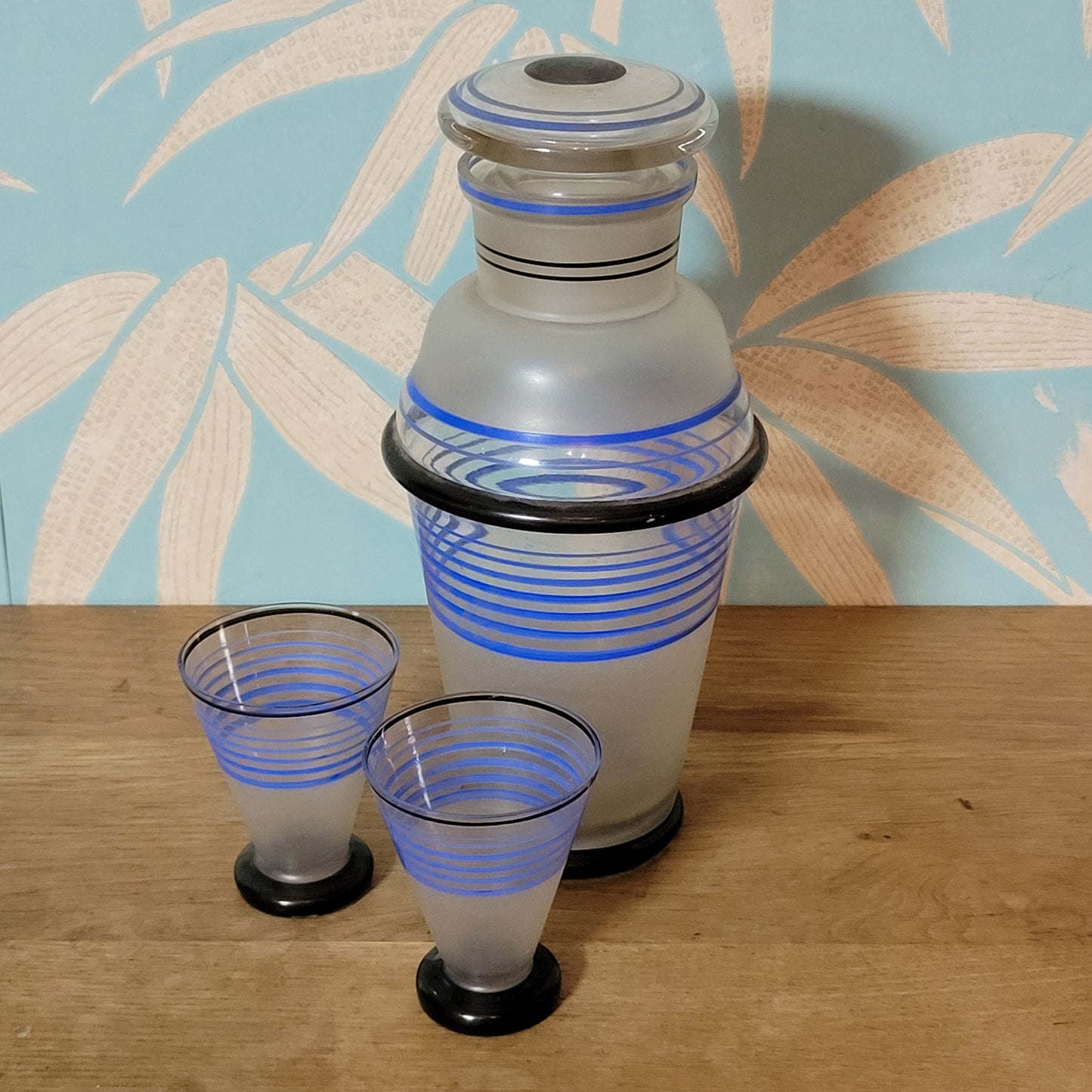 1940s frosted glass cocktail shaker set with matching striped shot glasses