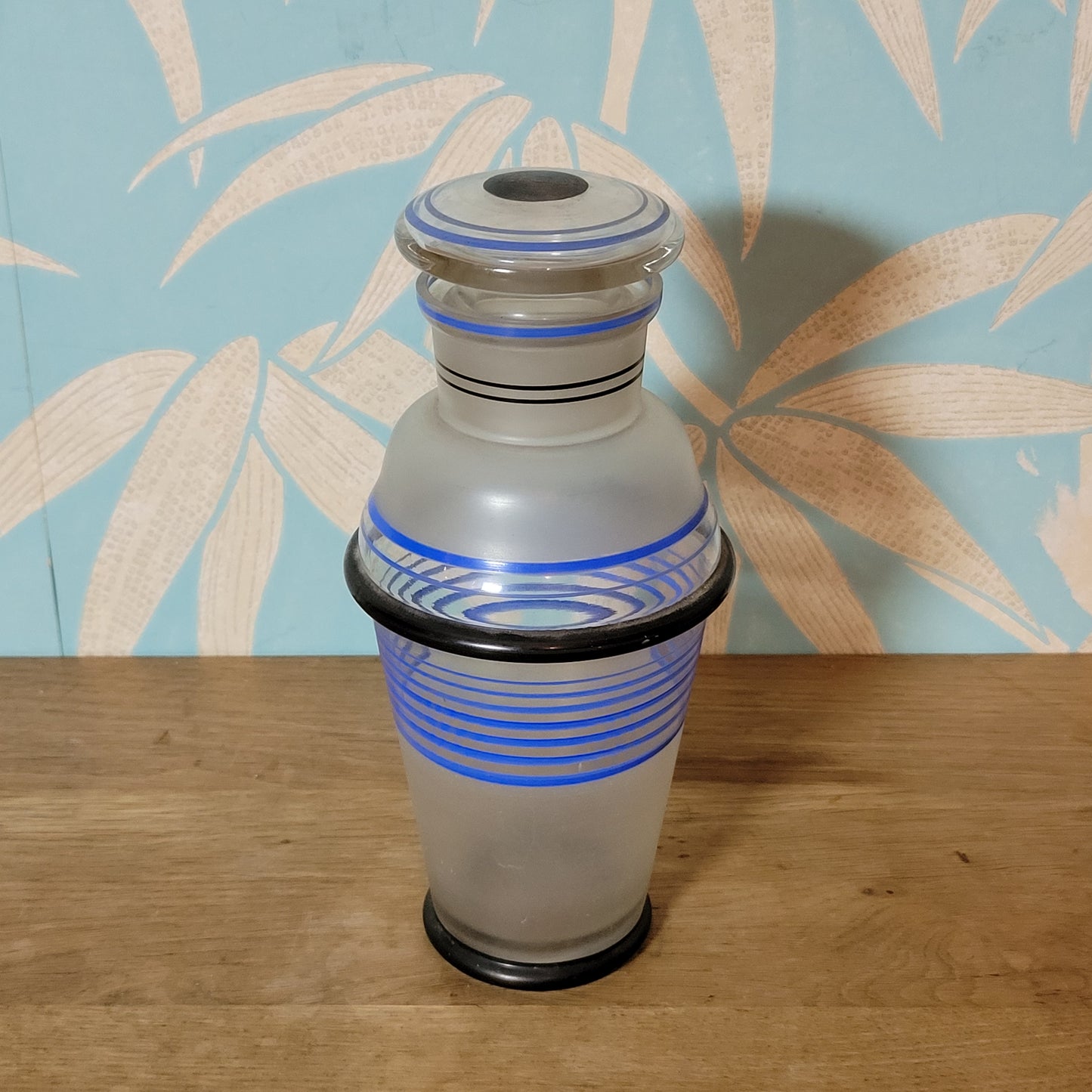 1940s frosted glass cocktail shaker set with matching striped shot glasses