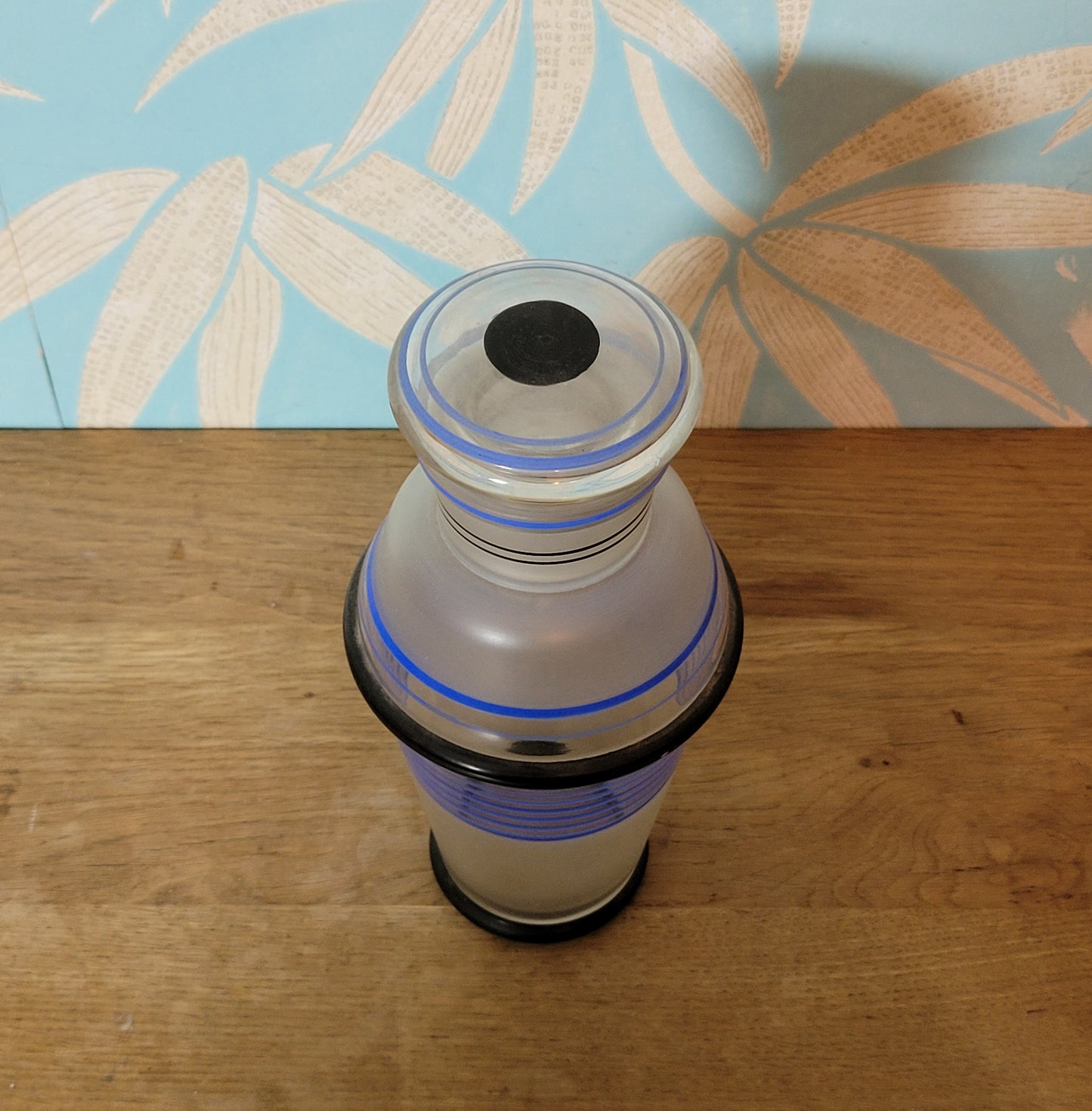 1940s frosted glass cocktail shaker set with matching striped shot glasses