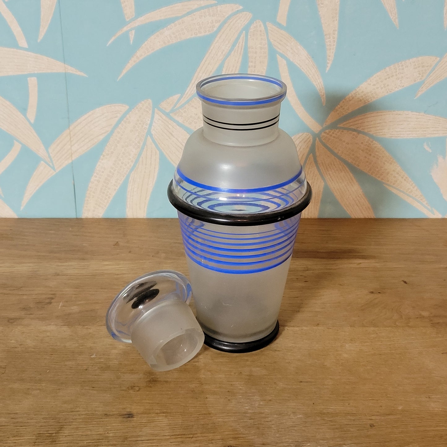 1940s frosted glass cocktail shaker set with matching striped shot glasses
