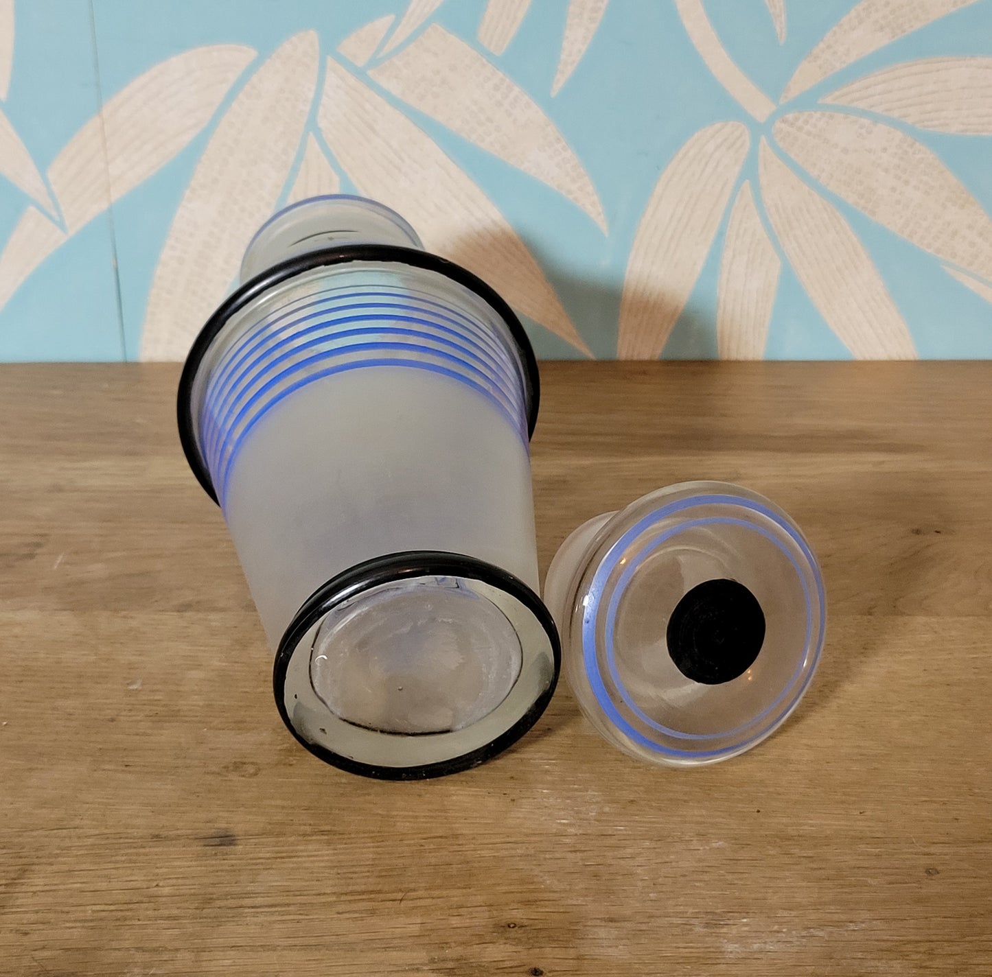 1940s frosted glass cocktail shaker set with matching striped shot glasses