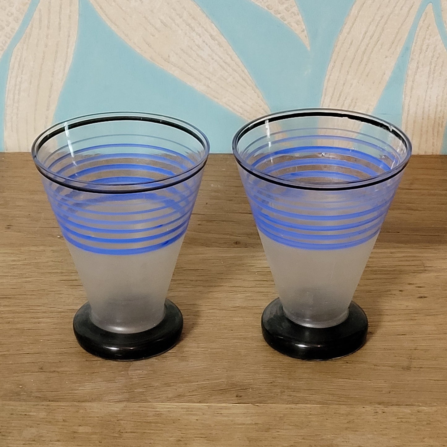 1940s frosted glass cocktail shaker set with matching striped shot glasses