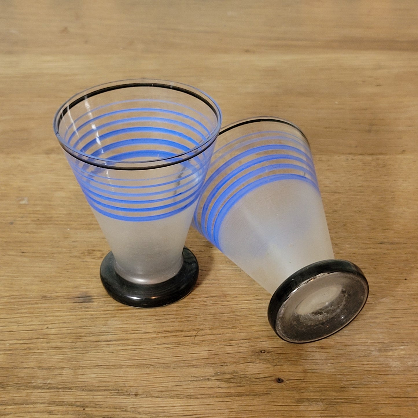 1940s frosted glass cocktail shaker set with matching striped shot glasses