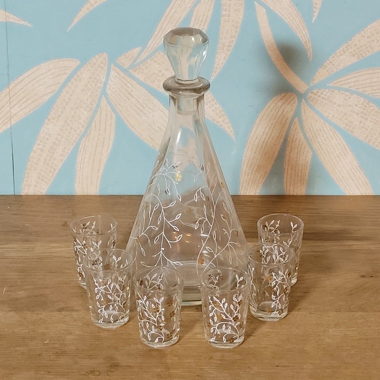1950s etched glass white & gilt floral decanter set with 6 liqueur glasses