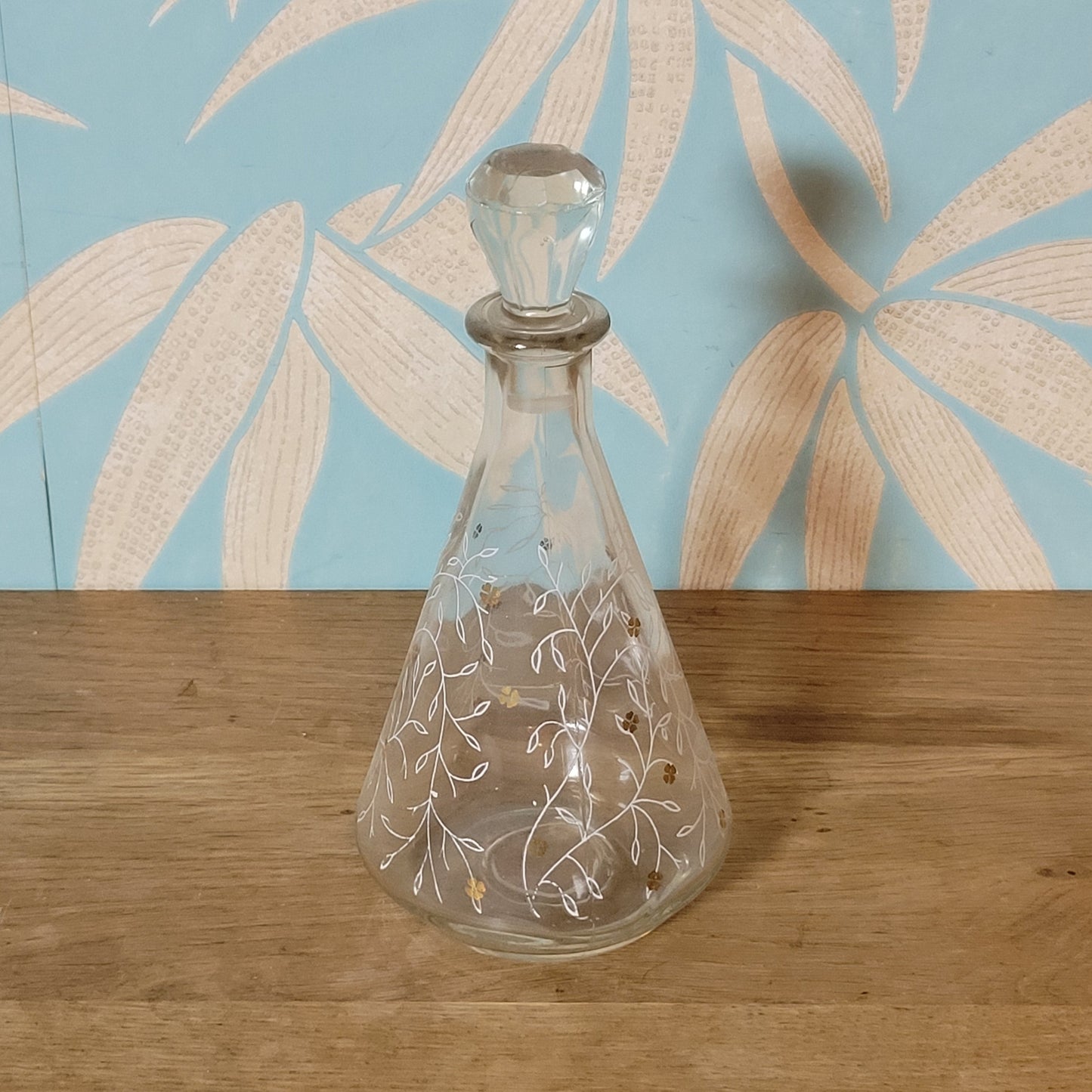 1950s etched glass white & gilt floral decanter set with 6 liqueur glasses