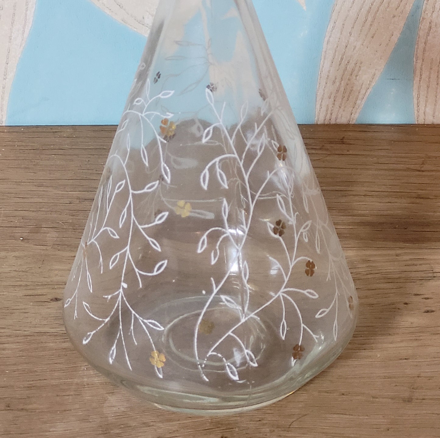 1950s etched glass white & gilt floral decanter set with 6 liqueur glasses