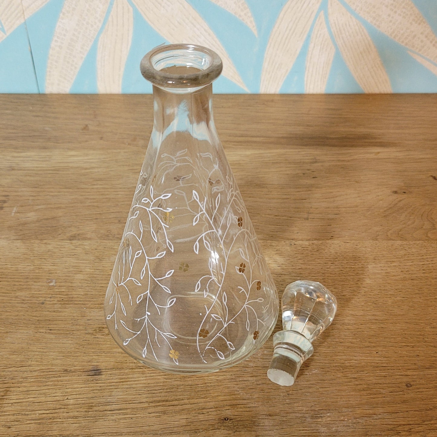 1950s etched glass white & gilt floral decanter set with 6 liqueur glasses