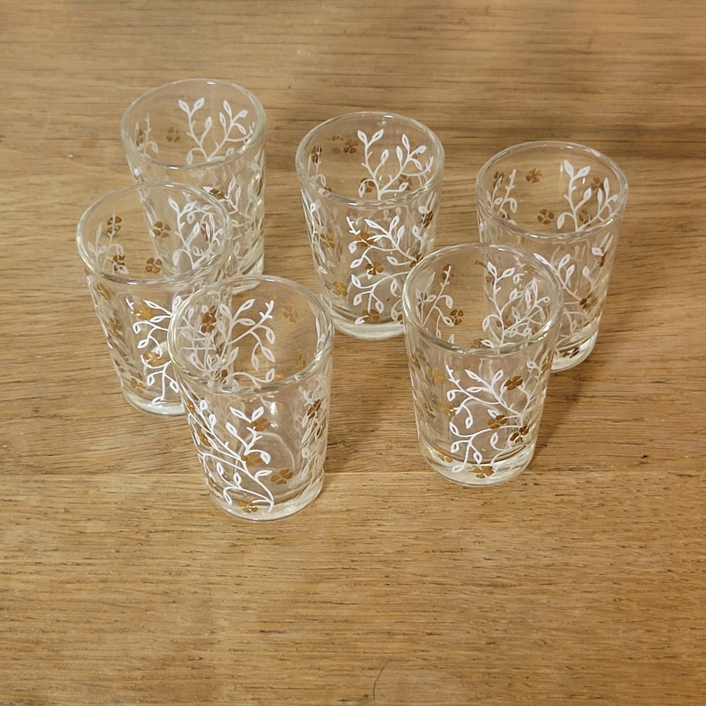 1950s etched glass white & gilt floral decanter set with 6 liqueur glasses