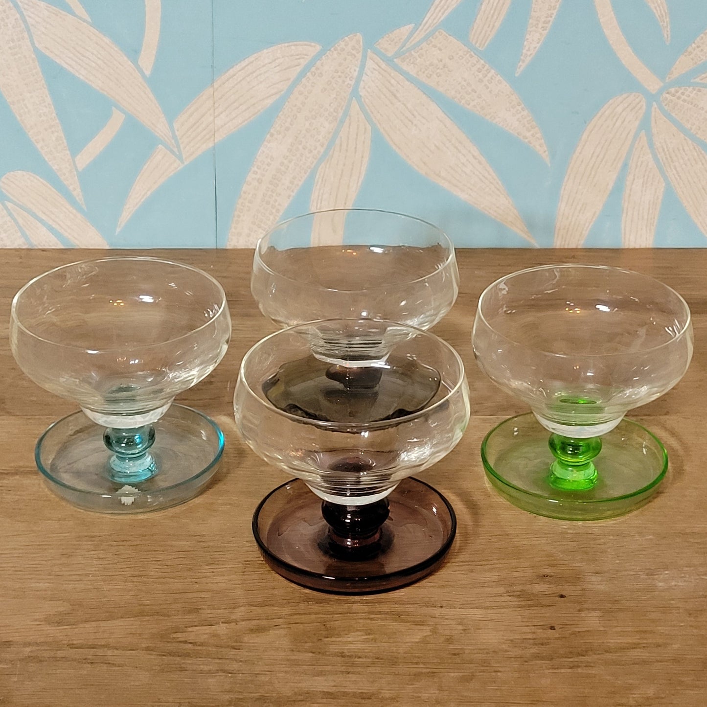 Set of four 1970s Portuguese coloured stem dessert / cocktail glasses