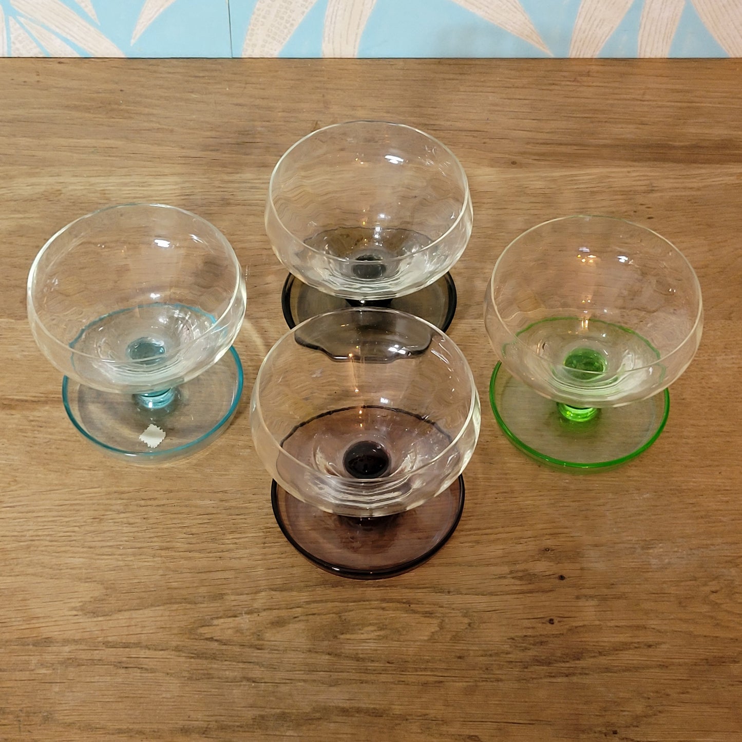Set of four 1970s Portuguese coloured stem dessert / cocktail glasses