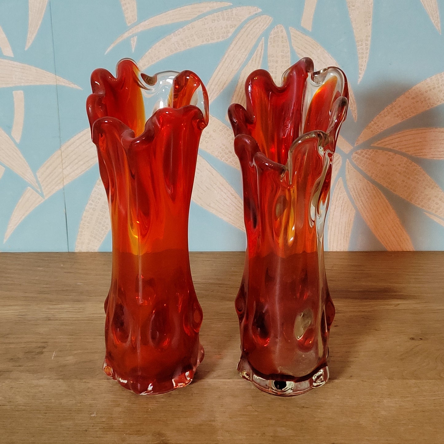 Pair of 1960s/70s red finger bark effect art glass bud vases