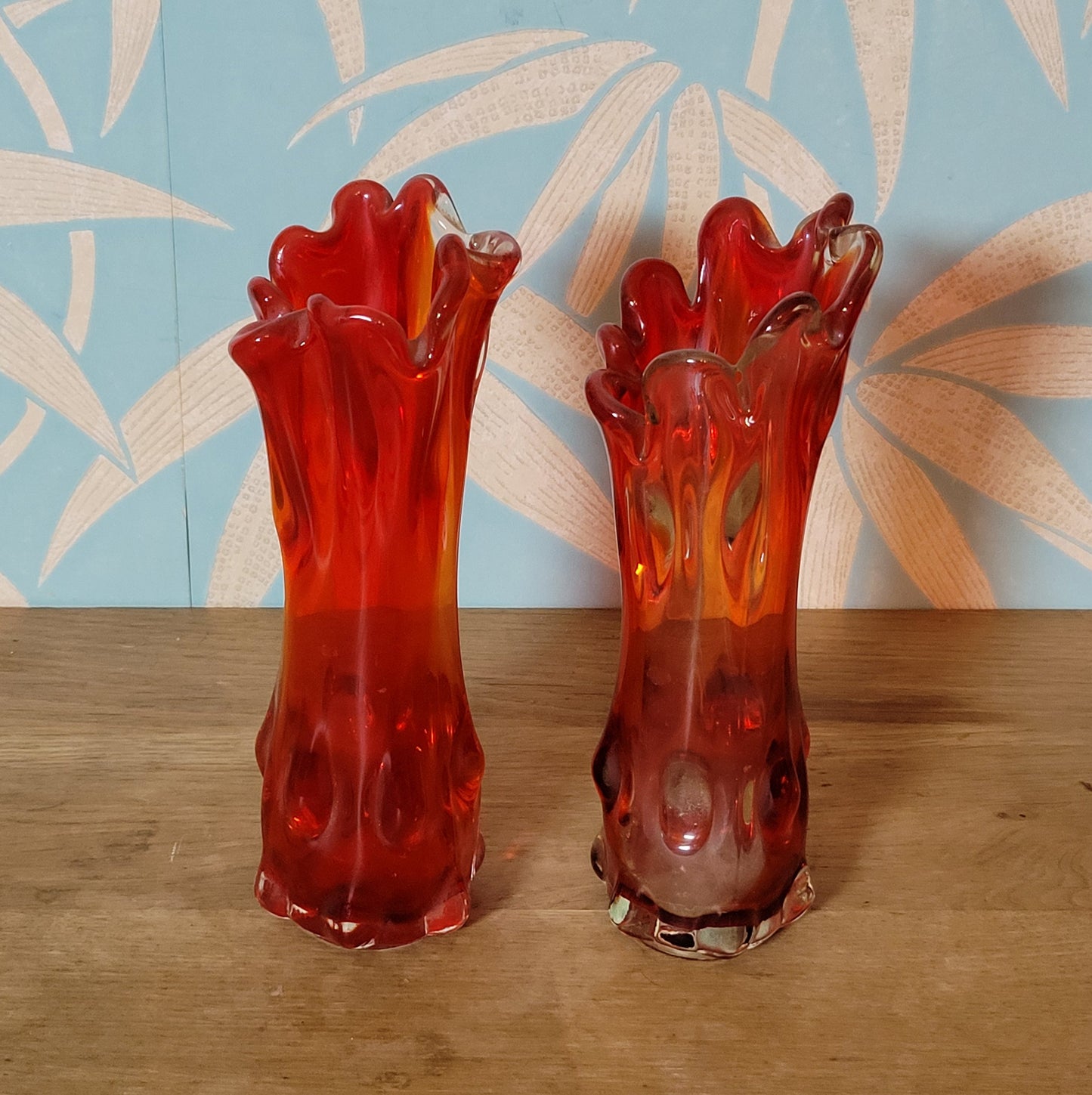 Pair of 1960s/70s red finger bark effect art glass bud vases