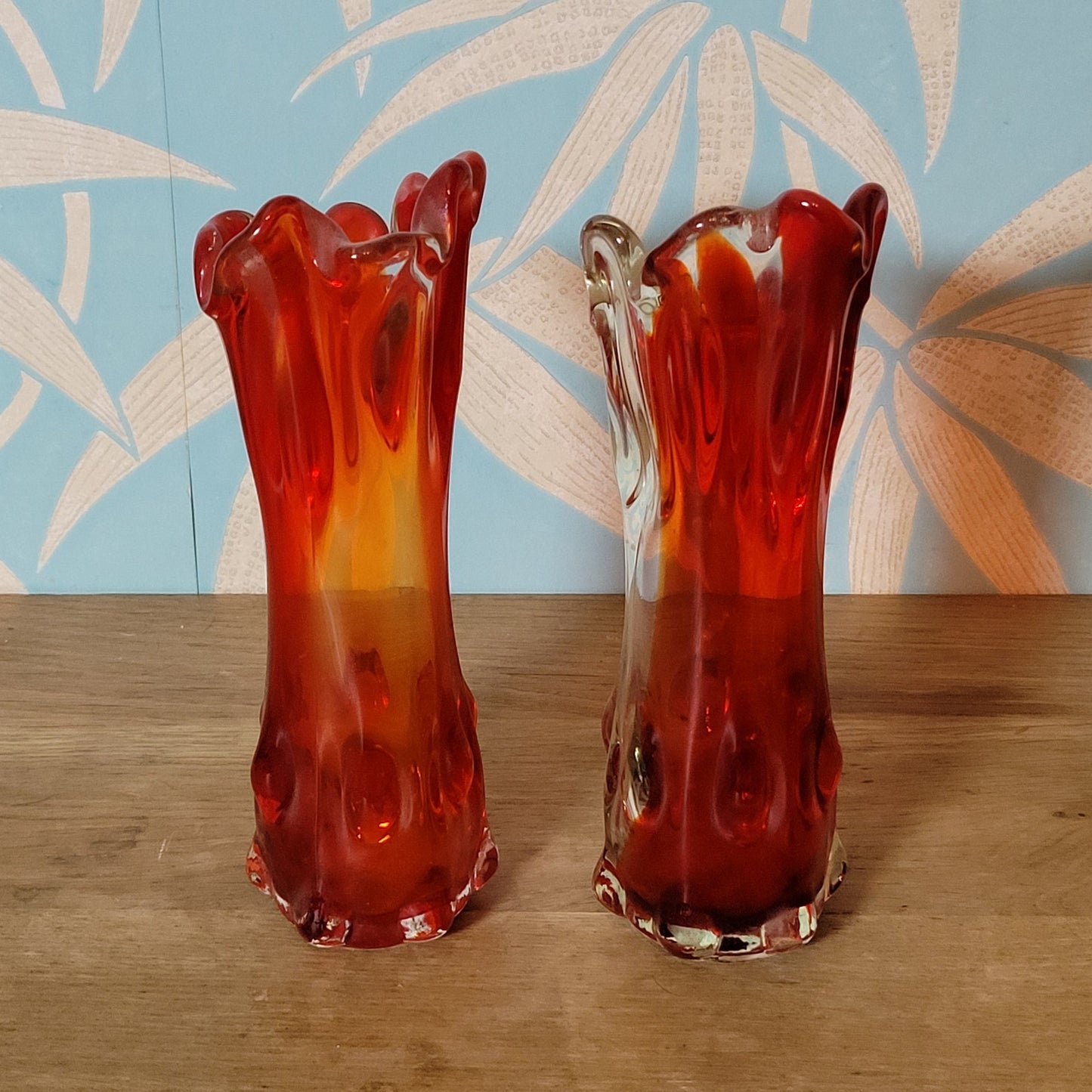 Pair of 1960s/70s red finger bark effect art glass bud vases