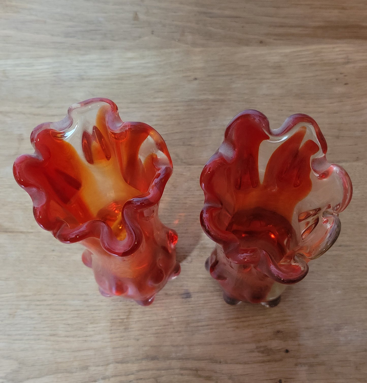 Pair of 1960s/70s red finger bark effect art glass bud vases
