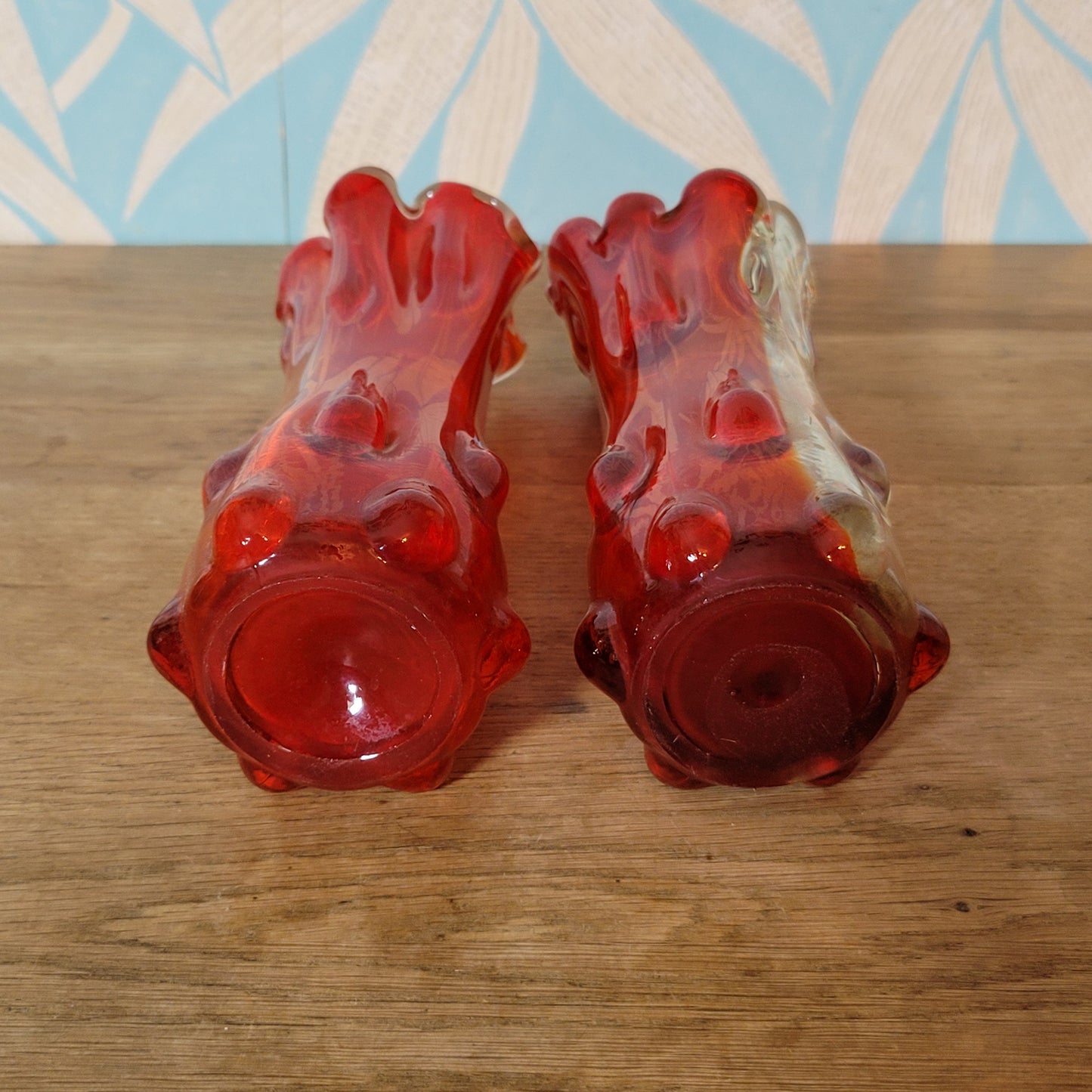 Pair of 1960s/70s red finger bark effect art glass bud vases