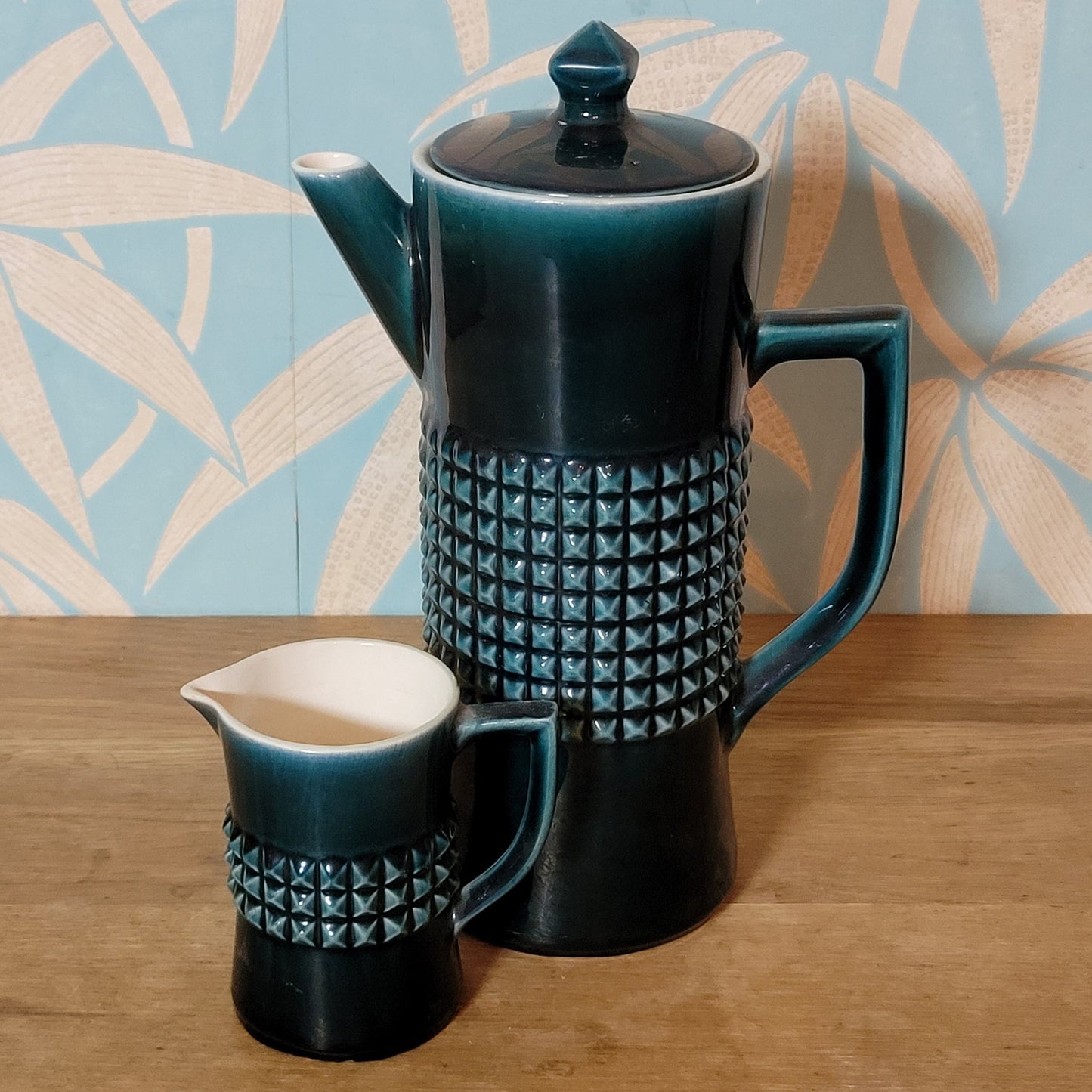 1970s Secla Portugal dark teal textured coffee pot & matching milk jug