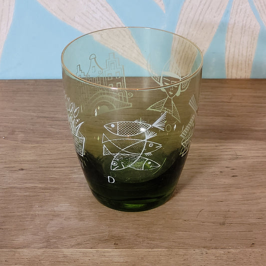 1960s olive green glass tumbler with Dutch scene print
