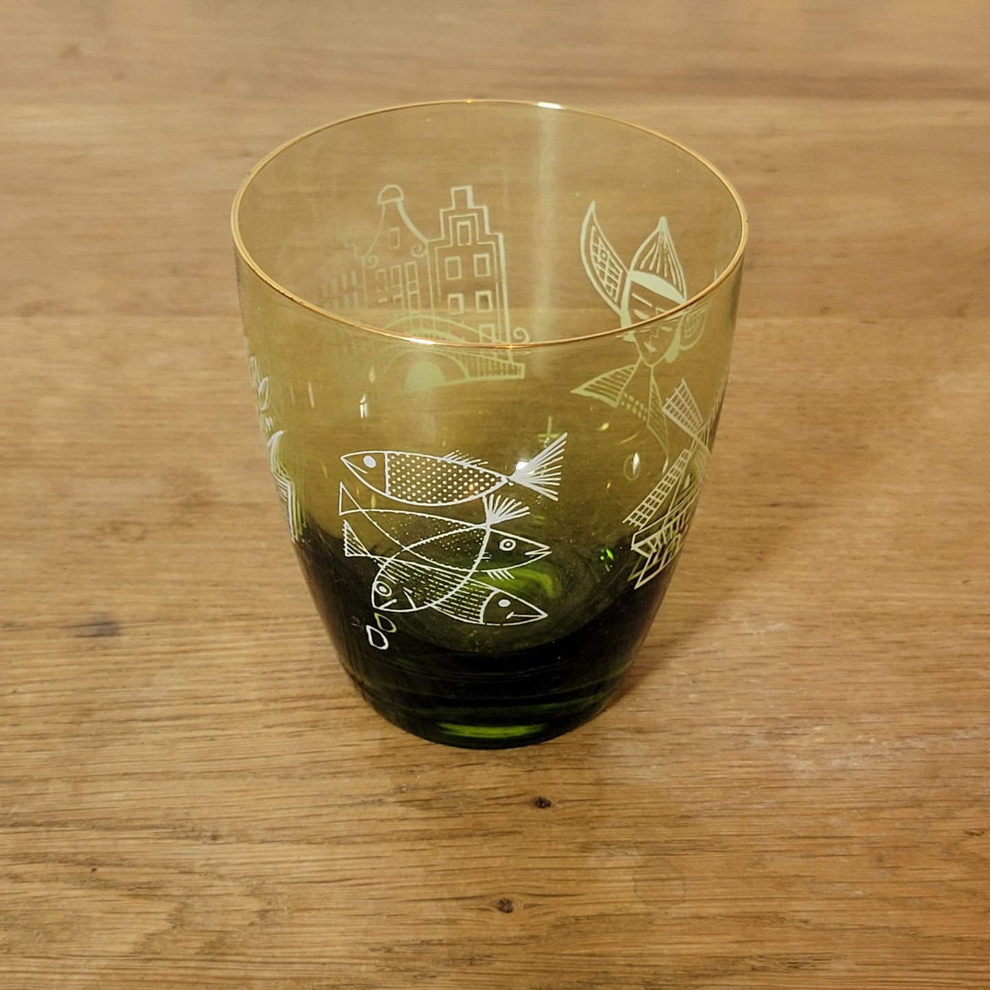 1960s olive green glass tumbler with Dutch scene print