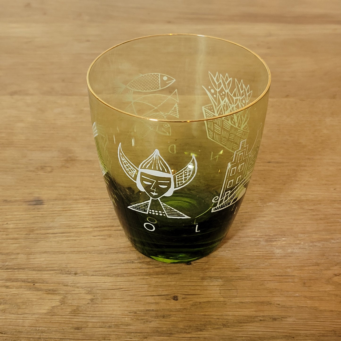 1960s olive green glass tumbler with Dutch scene print