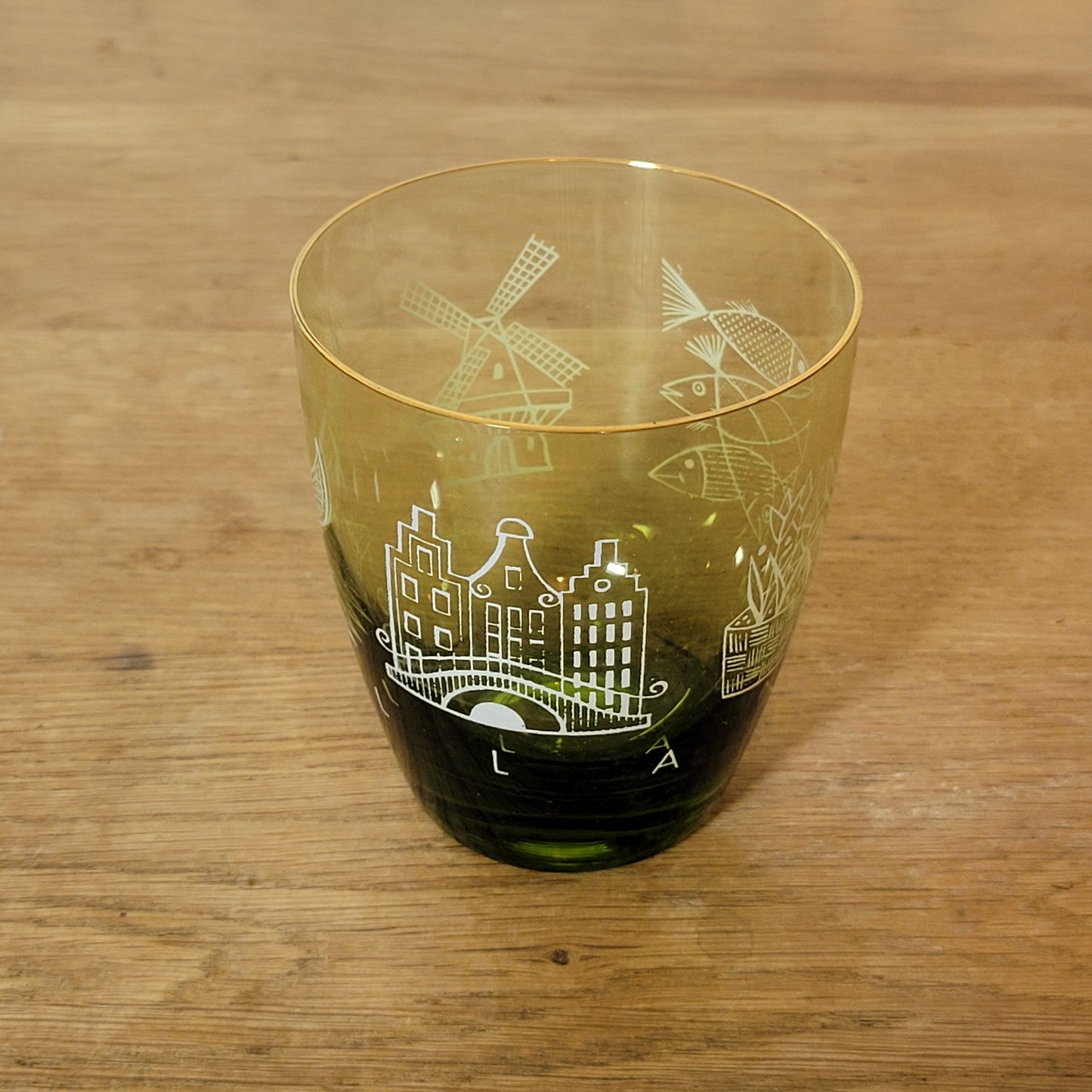 1960s olive green glass tumbler with Dutch scene print