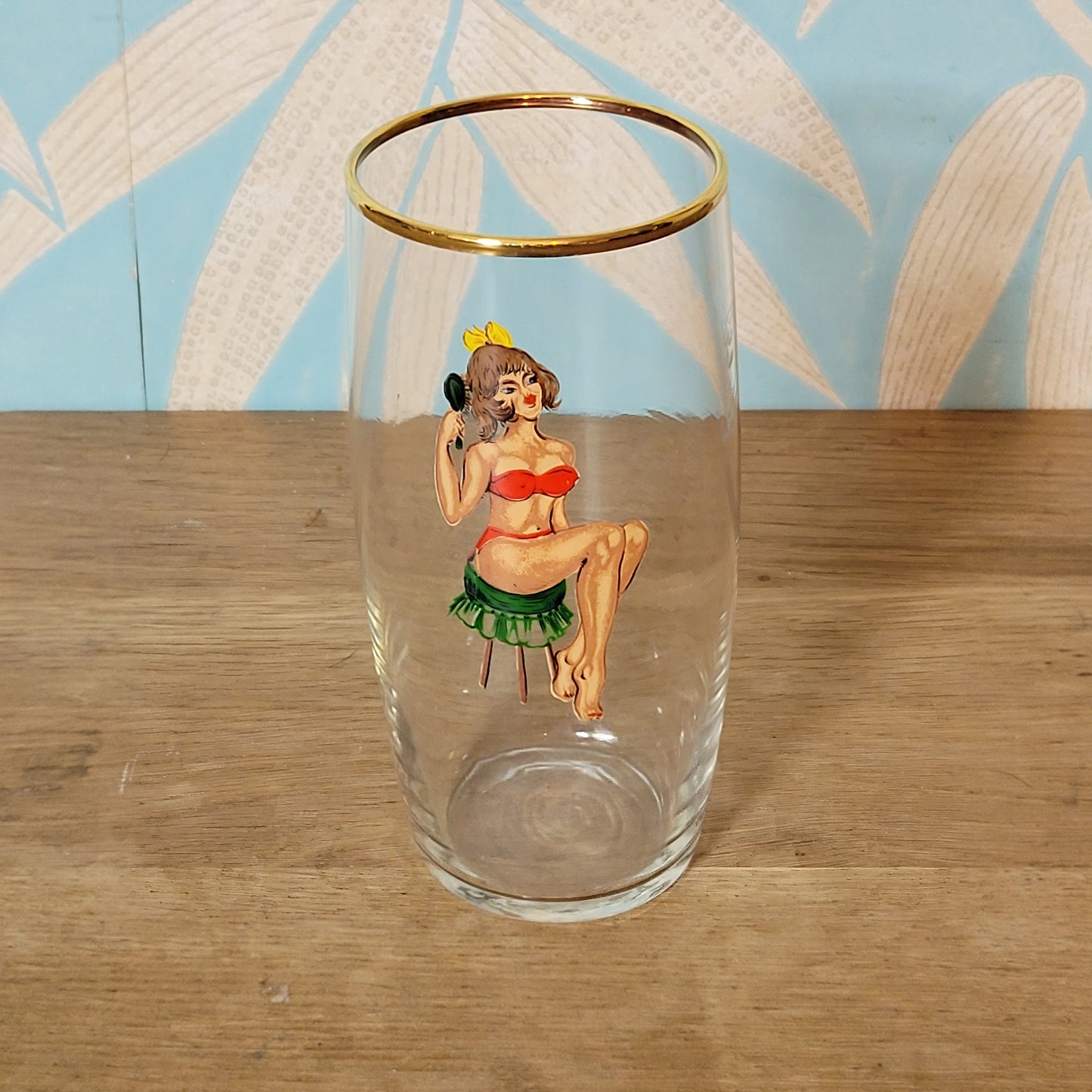 1950s/60s gentleman’s risqué pin-up girl pint glass with reverse decal